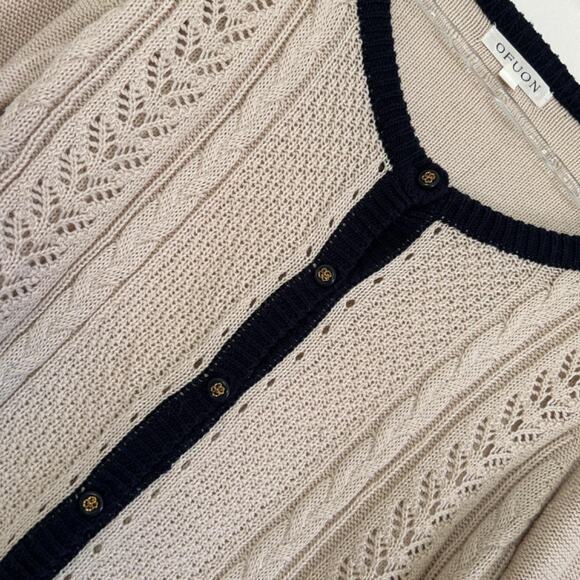 Cable Knit Cardigan Sweater Women's S Cream & Black Preppy Delicate Crochet - Picture 4 of 9